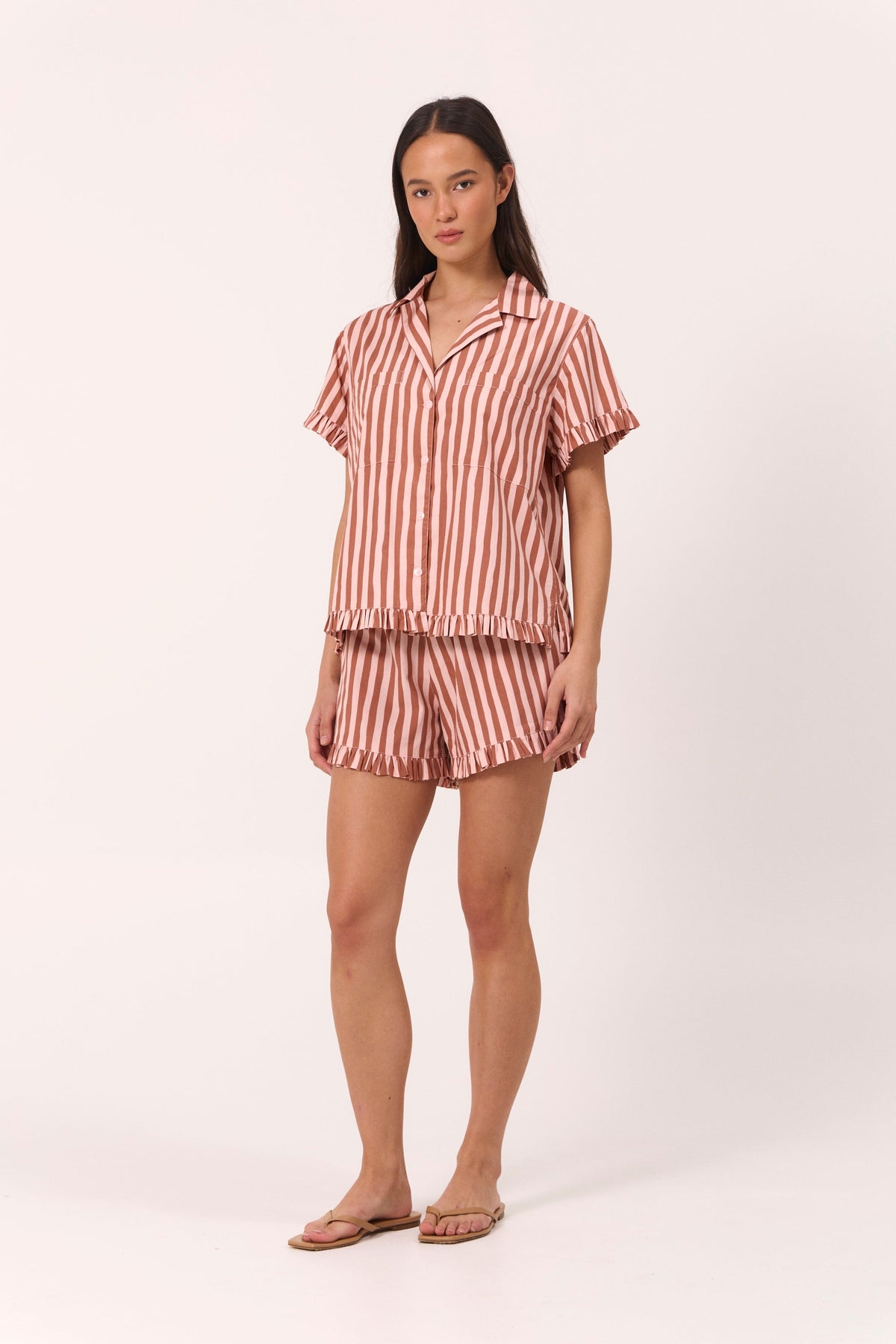 Felicity Frill Set - Cotton Modal - Stripe Mocha
