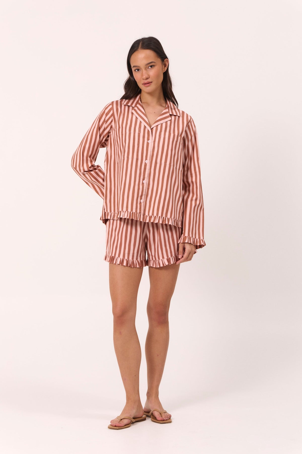 Felicity Frill Set - Long Sleeve - Cotton Modal - Stripe Mocha