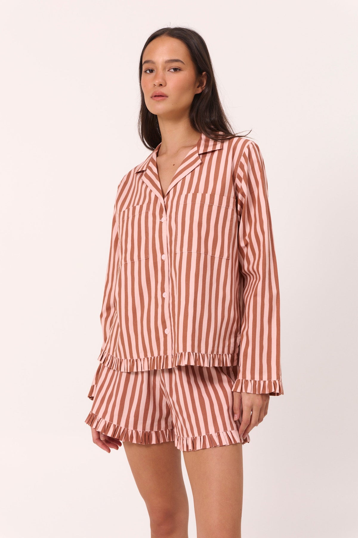 Felicity Frill Set - Long Sleeve - Cotton Modal - Stripe Mocha