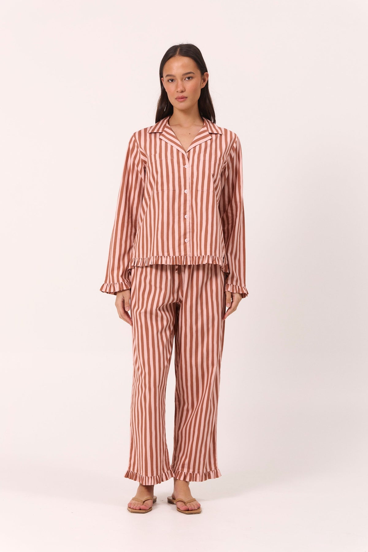 Felicity Long Frill Set - Cotton Modal - Stripe Mocha