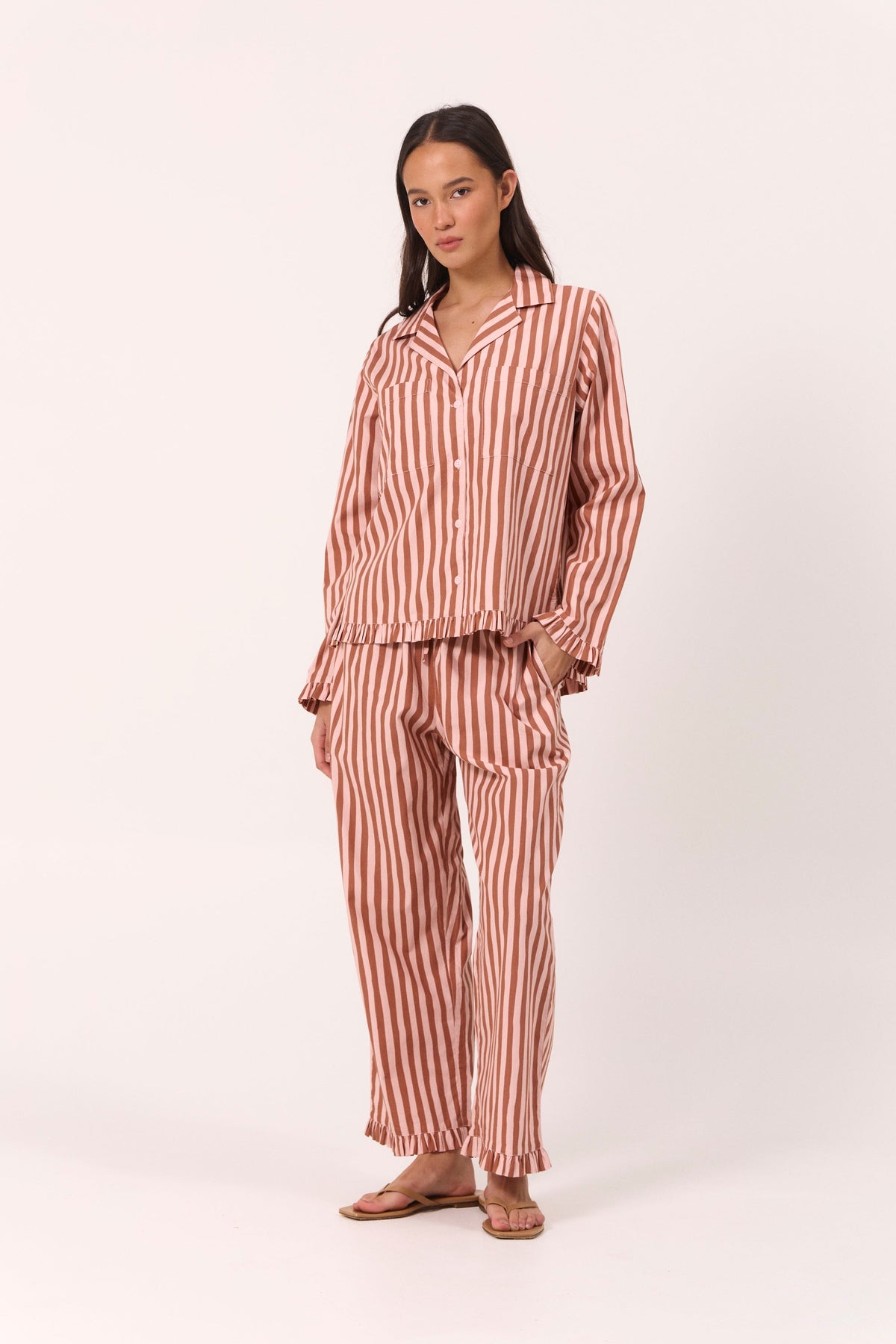 Felicity Long Frill Set - Cotton Modal - Stripe Mocha