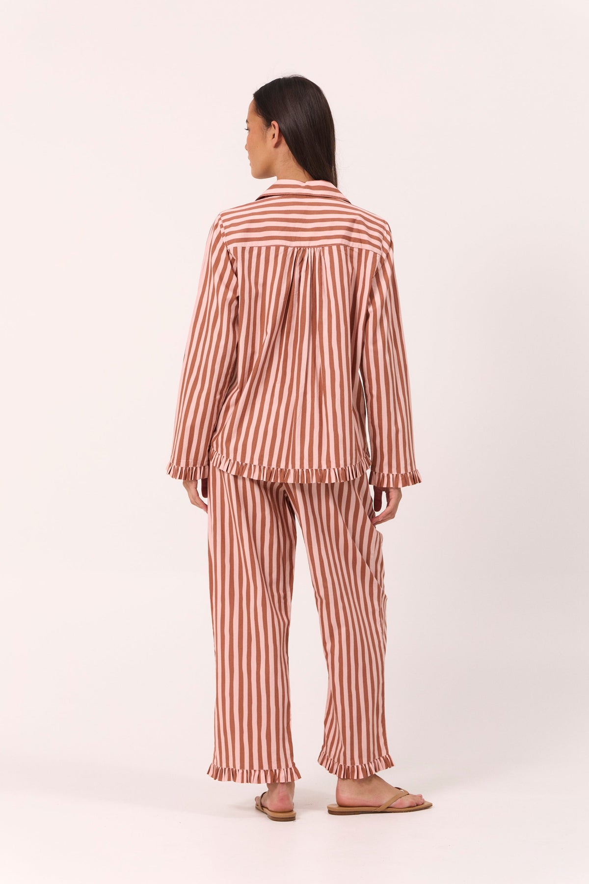 Felicity Long Frill Set - Cotton Modal - Stripe Mocha