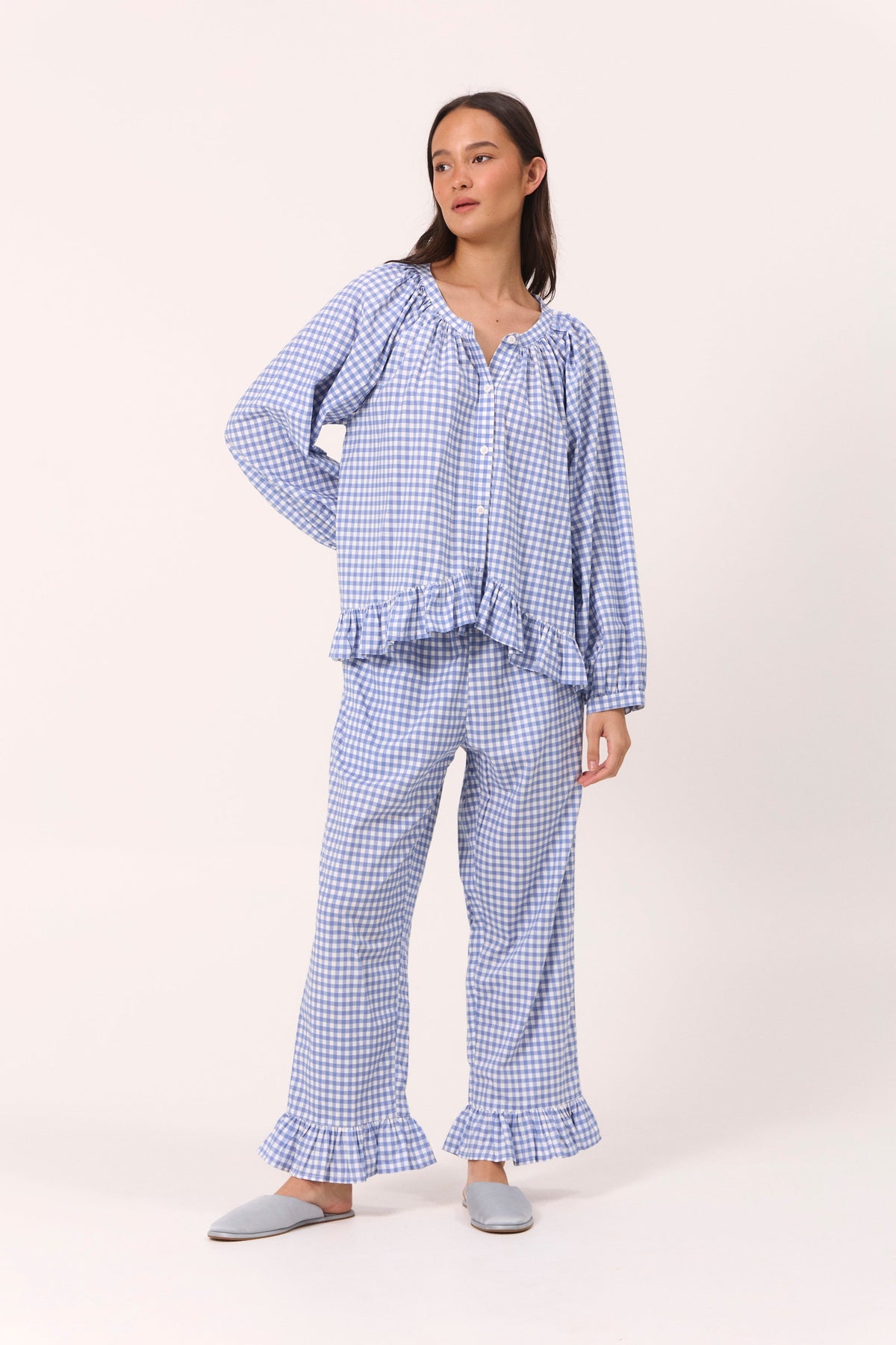 Sophie Long Sleep Set - Gingham - French Blue