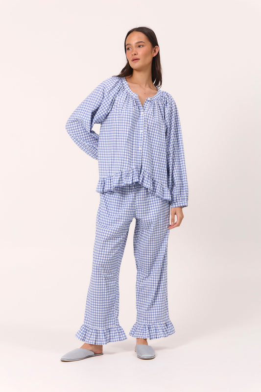 Piyama Sophie Long Sleep Set in French Blue – blue gingham pyjama set – long-sleeve top and pants in cotton modal – image 2