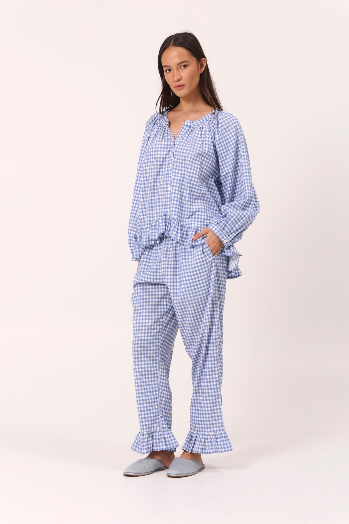 Sophie Long Sleep Set - Gingham - French Blue