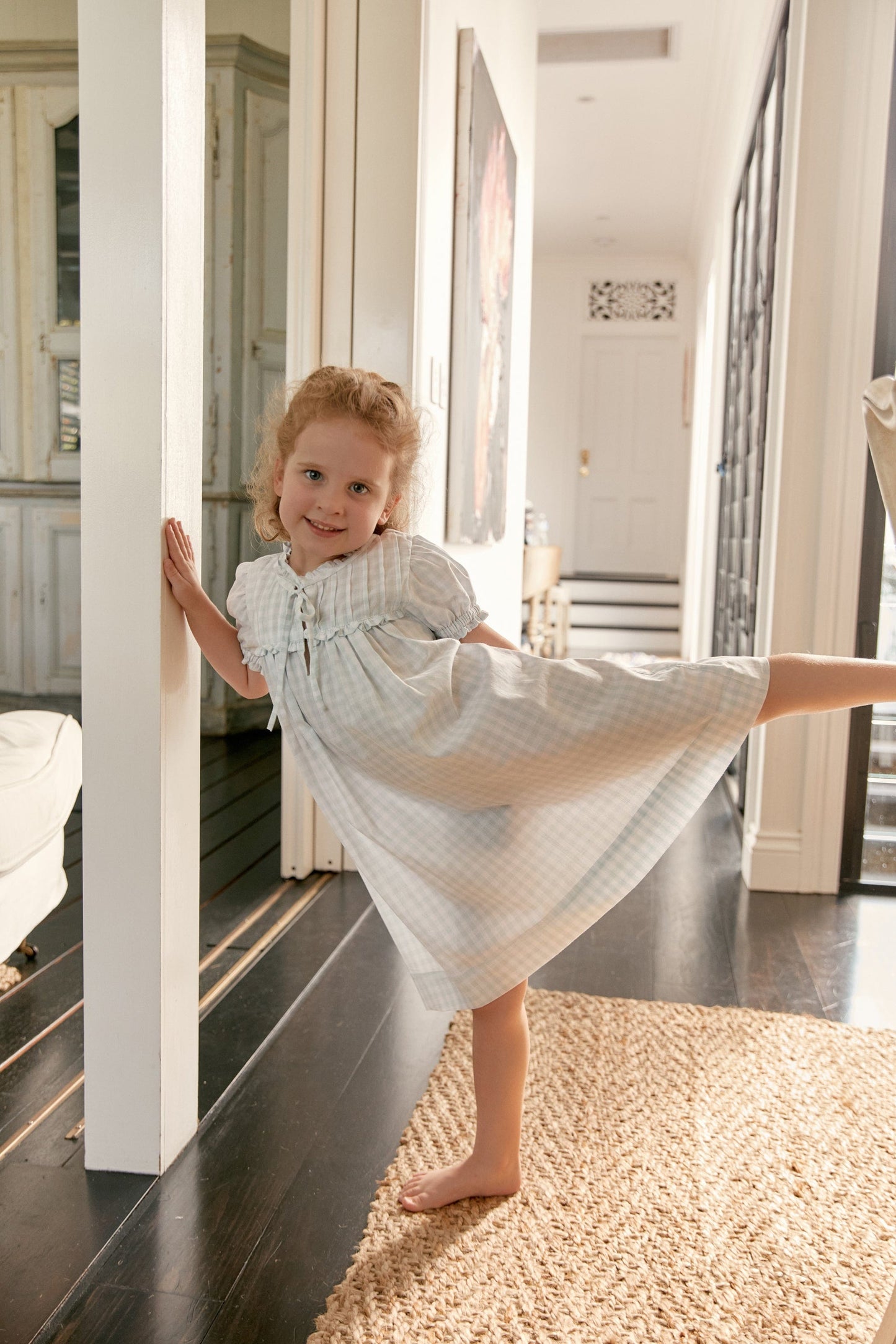 Girls Lounge Dress - Gingham Pale Blue