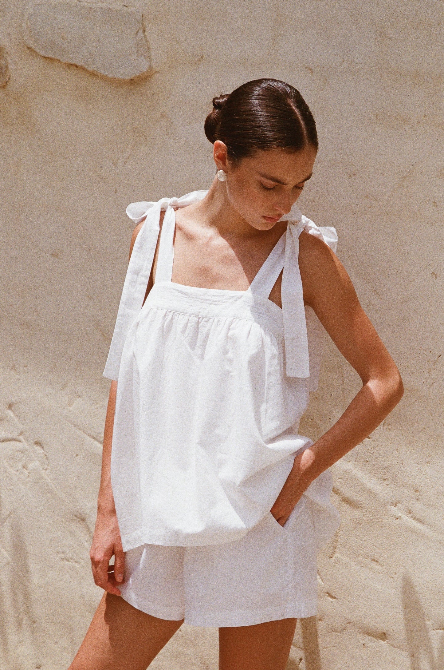 Piyama Suzie Tie Sleep Set - White Washed Cotton — front view
