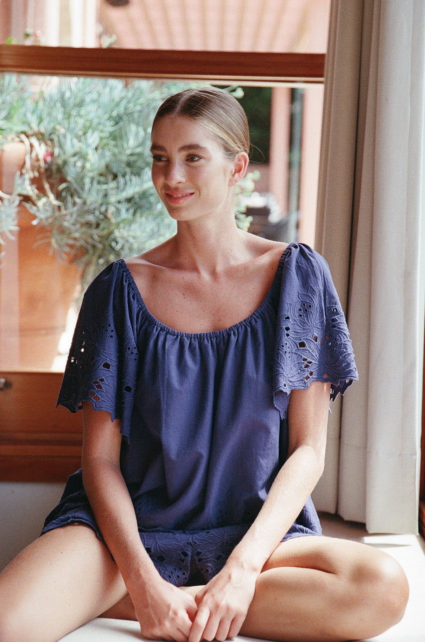 Betty Lounge Set - Cotton Embroidery - Twilight Blue