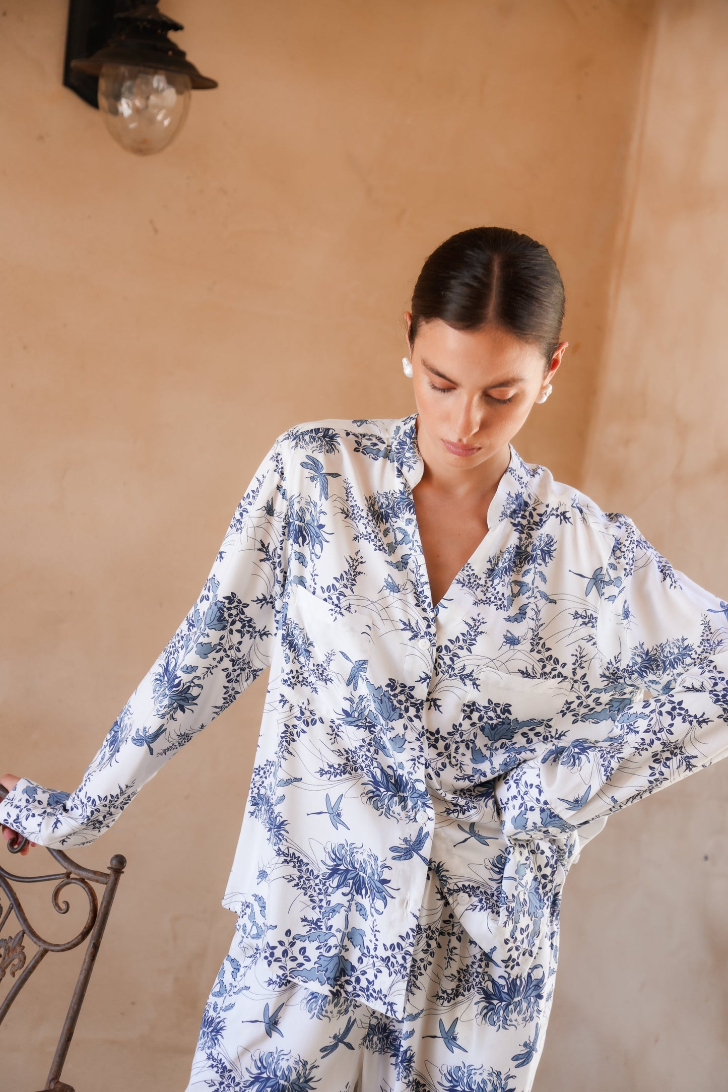 Maggie Pyjama Set - Long - Summer Toile - Aegean Blue