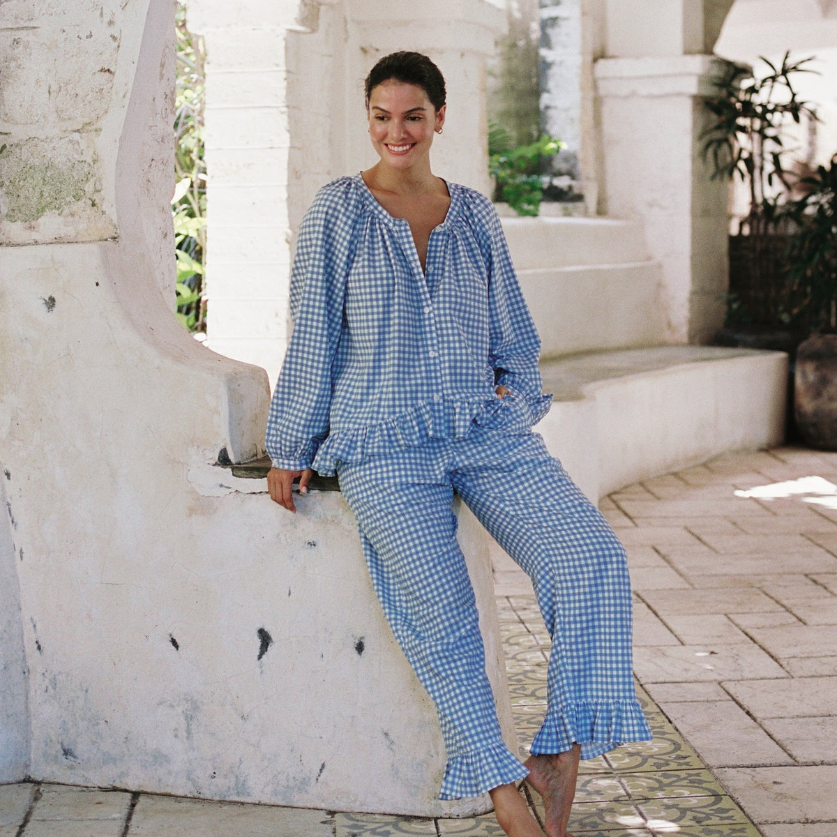 Sophie Long Sleep Set - Gingham - French Blue