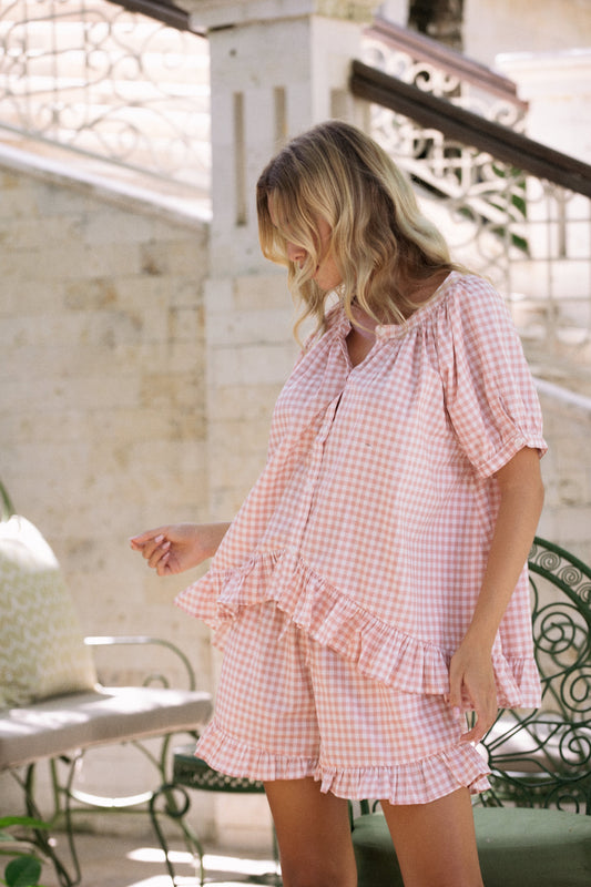 Piyama Sophie Sleep Set in Petal Pink – pink gingham pyjama set – top and shorts in cotton modal – image 3