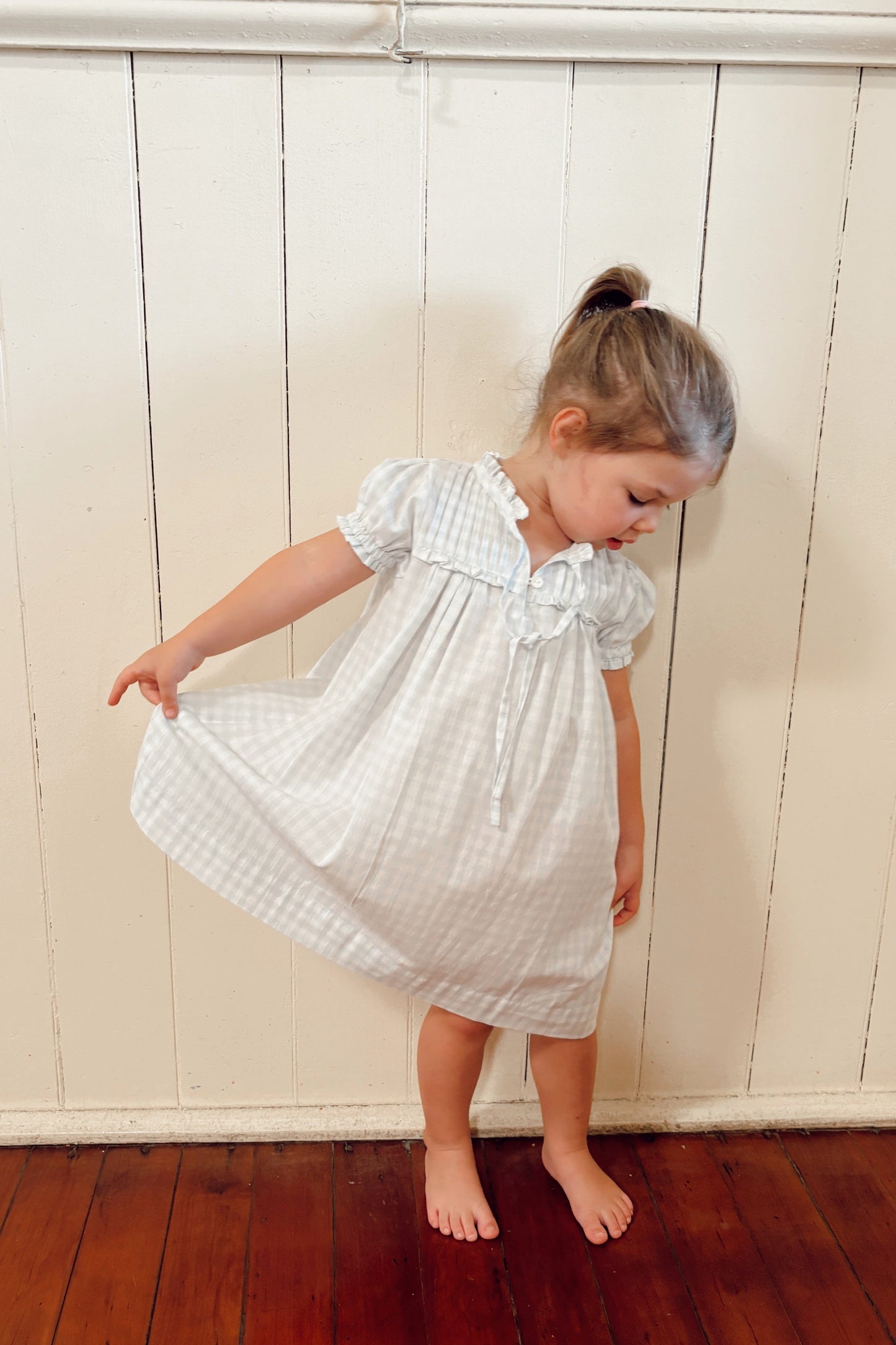 Girls Lounge Dress - Gingham Pale Blue